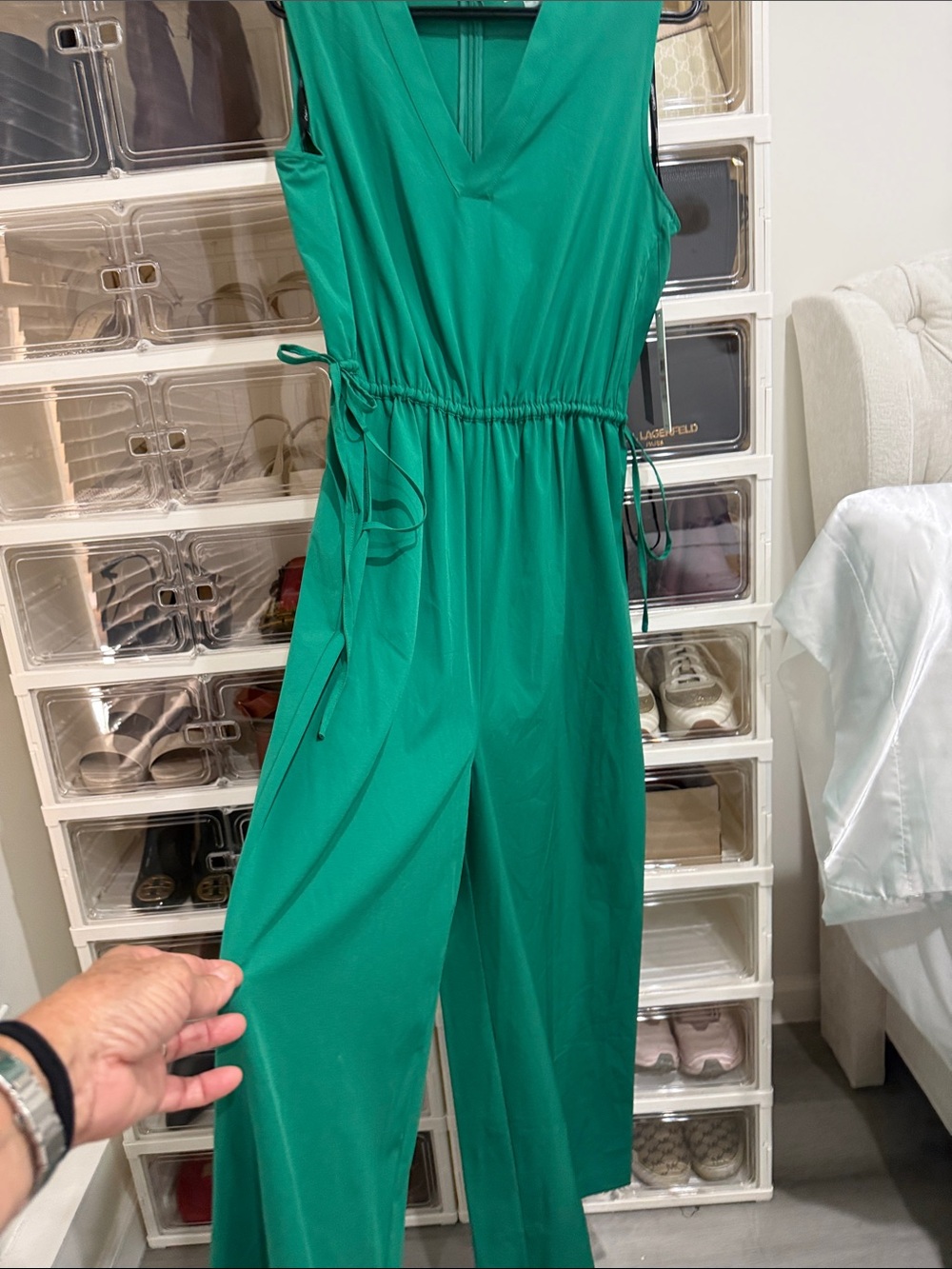 Calvin Klein Emerald Green Sleeveless V-Neck Jumpsuit with Drawstring Waist